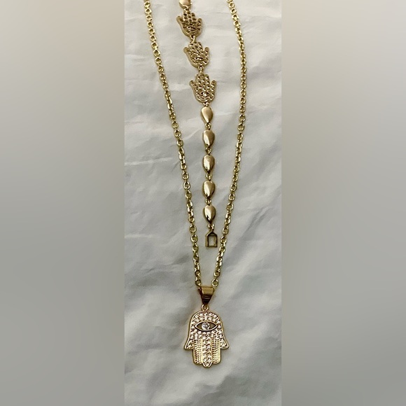 14k Gold Hamsa Third Eye Necklace Bracelet Jewelry Set Hand of Fatima Gift Sets - Picture 8 of 9